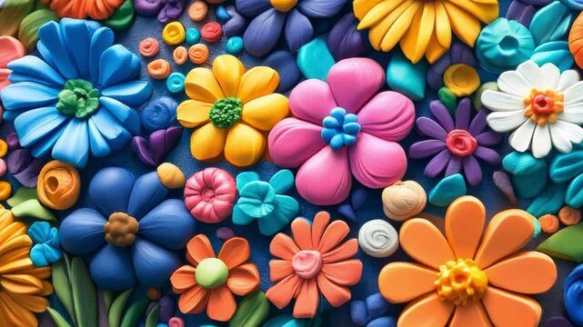 A bunch of colorful 3d vibrant flowers made of plastic/modeling clay/plasticine, vibrant and cheerful display. Polymer Floral ornament. Creative fun background with a sense of whimsy and playfulness.