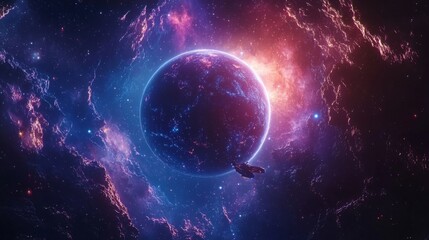 A futuristic spaceship entering orbit around a strange, colorful planet