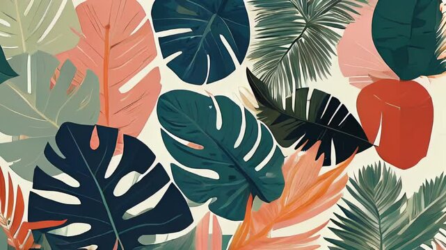 A vibrant pattern of tropical leaves in shades of green, pink, and orange, displayed on a light background. Perfect for botanical and nature-inspired designs.