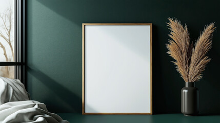 Poster frame on dark green wall with dried plant in black vase and soft lighting from a nearby window