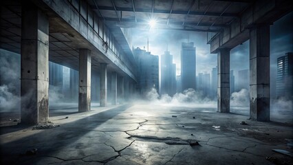 A forgotten urban landscape with hazy skyline, sunlight filtering through the misty air, casting long shadows on cracked concrete