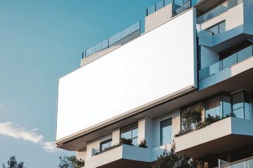 Huge blank, white billboard on the side of a building is waiting to display your advertisement
