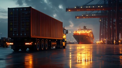 Detailed scene of a container truck waiting at the port gate, with a backdrop of a large cargo ship and port infrastructure, emphasizing the logistics network