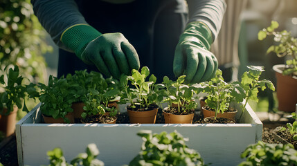 Guy gardener in garden gloves placing pots with seedlings in a white wooden box on a table, while a girl prunes plants in a wonderful nursery-garden on a sunny day.