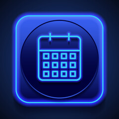 Calendar simple icon vector. Flat design. Blue neon style on button. With shadow