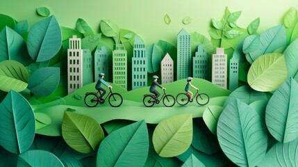 Paper cutout art of an eco-friendly city with trees and cyclists