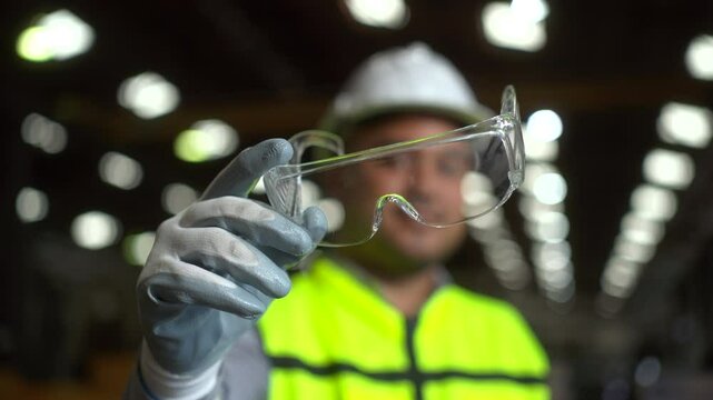 Close up engineer wearing protective glasses, safety glasses. Safety equipment for industry factory. Safety at work concept.
