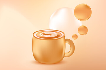 Cute 3D cup of coffee, beige background with copy space. Coffee shop backdrop with gradient texture. Great for cafe menu, delivery price, discount sale, commercial ads, hot drinks presentation.