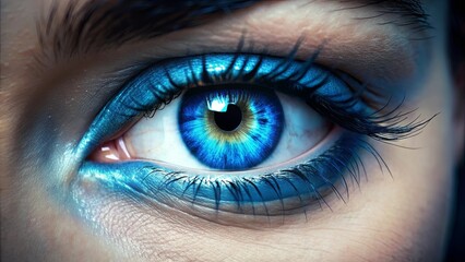 Fototapeta premium A mesmerizing close-up of a human eye with vibrant blue eyeshadow, revealing intricate details of the iris and eyelashes.