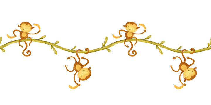 Baby monkeys swing on liana. Childish lane of African jungle animal. Banner of macaque and bananas. Watercolor seamless border for design kid's goods, cards, stationery, fabric, scrapbook