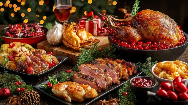 Christmas dinner with turkey, ham, and festive holiday sides
