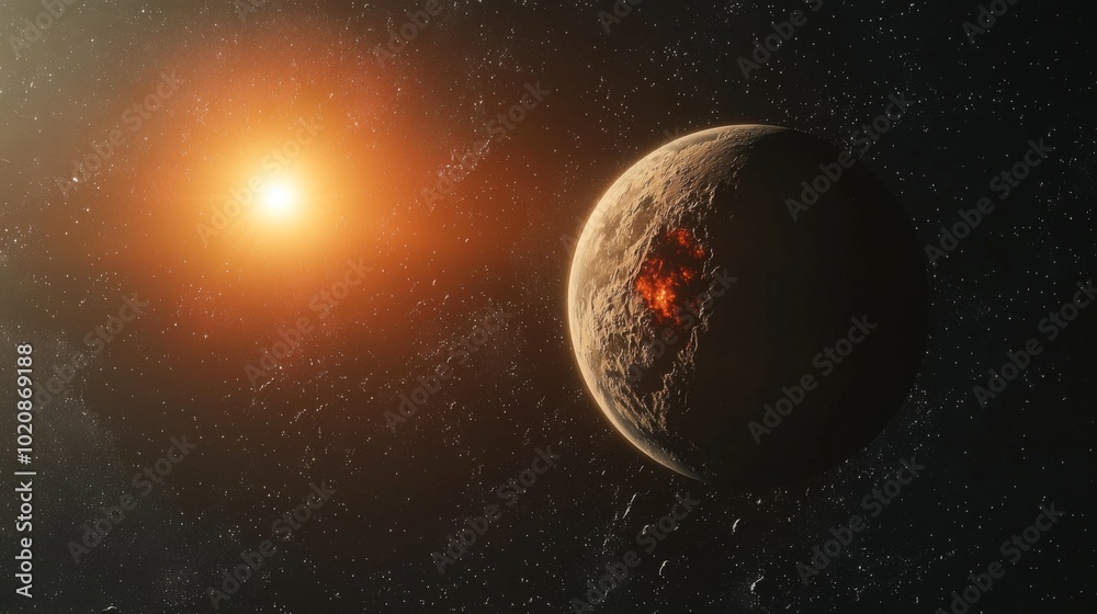 Wall mural a planet orbiting a red dwarf star, with a deep space background