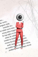 Vertical photo collage of headless woman wear formal plaid suit cyclops eyeball supervision...