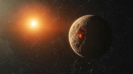 A planet orbiting a red dwarf star, with a deep space background