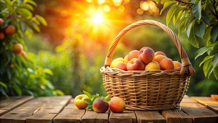 A wicker basket filled with ripe, juicy peaches, resting on a weathered wooden table in a sun-drenched orchard setting.