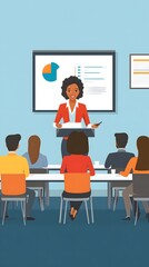 Illustration of woman giving presentation to team, whiteboard with flowgenera on it in background, flat design style,