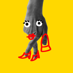 Hand walking in red shoes with red purse. Drawn eyes and lips add flirty, confident look on bright yellow background. Contemporary art collage. Concept of creativity, imagination and fantasy.