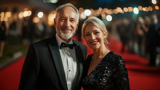 Elegant Senior Couple on Red Carpet at Glamorous Event Amid Flashing Cameras