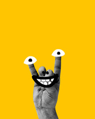 Hand with eyes on fingers and big wide smile. Doodles. Joyful and playful mood against vibrant yellow background. Contemporary art collage. Concept of creativity, imagination and fantasy. © master1305