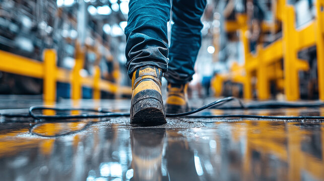 Worker walking over scattered cables on wet factory floor creating unsafe conditions and tripping hazard