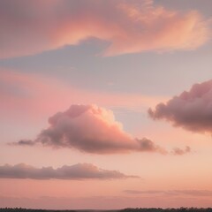 Fototapeta premium A peaceful early morning sky at dawn with low-hanging, fluffy clouds in soft shades of pink and orange, the sun just starting to peek over the horizon 