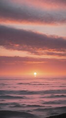 Naklejka premium A peaceful early morning sky at dawn with low-hanging, fluffy clouds in soft shades of pink and orange, the sun just starting to peek over the horizon 