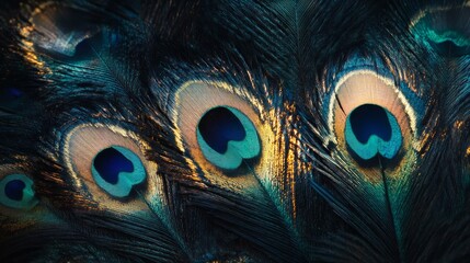 Fototapeta premium Close-up of vibrant blue and green peacock feathers with a dark background.
