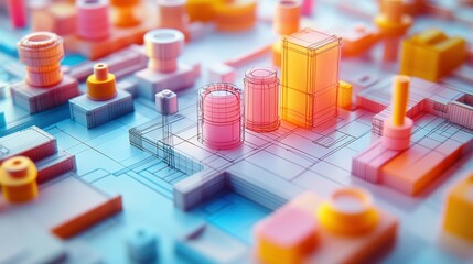A close-up high-definition photo of cute 3D technical drawings, featuring soft, rounded components that appear to float above the blueprint. The playful colors and detailed rendering give the image a
