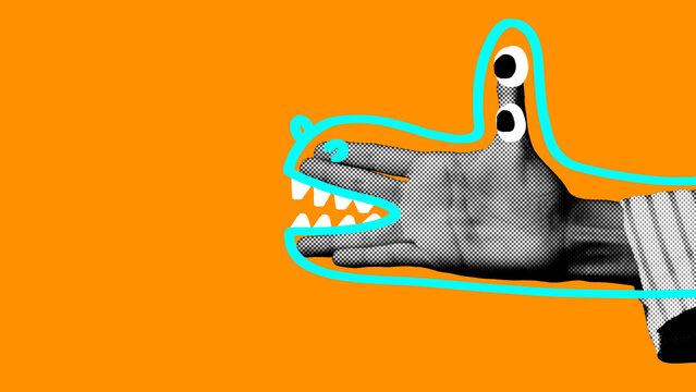 Hand forming dinosaur outlined in blue with big teeth and eyes against orange background. Fun, cartoonish character. Contemporary art collage. Concept of creativity, imagination and fantasy.