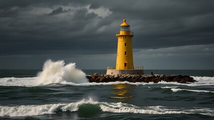 Naklejka premium Yellow Lighthouse Tower Coast Coastline near the Water