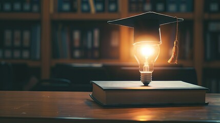 Educational learning and knowledge concept, innovation technology, science and mathematics concept, graduation cap with light bulb on book and learning icons in classroom.
