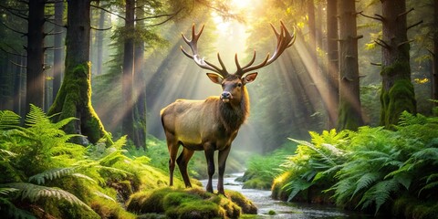 A majestic deer stands gracefully on a mossy rock, its antlers reaching towards the sunbeams filtering through the dense foliage of an ancient forest.