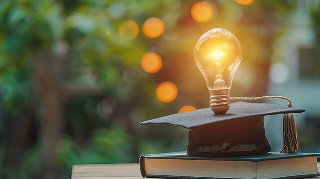 Educational learning and knowledge concept, innovation technology, science and mathematics concept, graduation cap with light bulb on book and learning icons in classroom.

