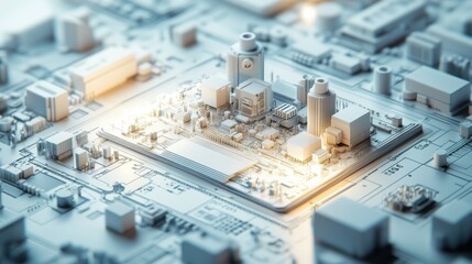 A cute, 3D visualization of technical schematics with soft lighting and rounded lines. The technical objects appear as if they are floating above the blueprint in a high-definition professional photo