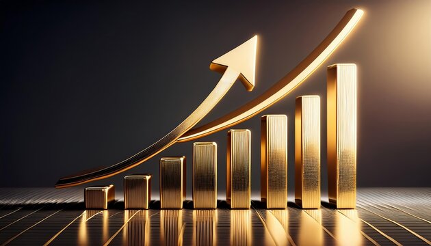 golden upward-trending arrow arching over a bar graph, also made of gold. The bars increase in height, showing significant growth