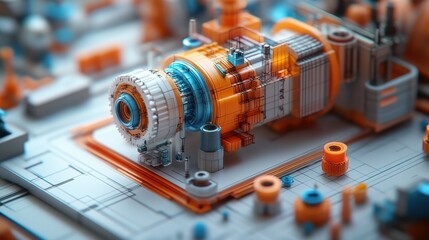 A 3D cute version of mechanical schematics with playful colors and soft shading. The technical drawing lines are precise, but the overall design is softened for a more lighthearted feel in a