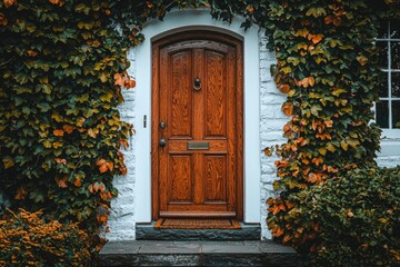 Wooden Doorway Framed by Ivy and White Brick Wall