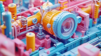 A 3D cute version of mechanical schematics with playful colors and soft shading. The technical drawing lines are precise, but the overall design is softened for a more lighthearted feel in a