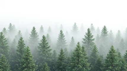 A foggy forest landscape with tall evergreen trees disappearing into the mist, creating a serene and mysterious atmosphere.