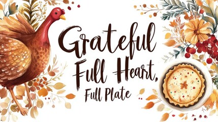 Whimsical watercolor turkey drumstick and pie slice design featuring the phrase Grateful Heart, Full Plate for Thanksgiving celebration