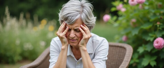 Obraz premium Senior Woman with Painful Expression Experiencing Headache in Garden