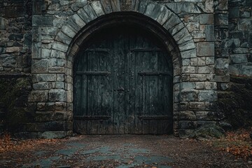 Fototapeta premium Ancient Wooden Doorway in a Stone Archway