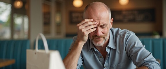 Mature Man with Stressed Expression Holding Head in Restaurant Setting