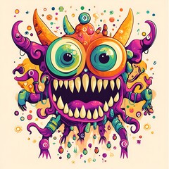Fototapeta premium A cartoon monster with multiple eyes, a wide mouth with sharp teeth, and tentacles, in vibrant colors.