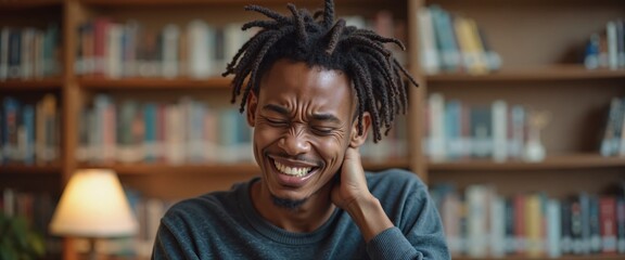 Man with dreadlocks grimacing in pain rubbing neck against library background