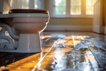 Sunlit Bathroom with Water Reflection on Wooden Floor Interior Design and Home Maintenance Concept