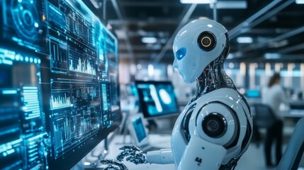 Fototapeta premium A modern workspace filled with AI-driven technology, where chatbots assist in decision-making, and businessmen use advanced AI tools for seamless data analysis and improved productivity