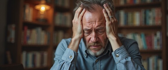 Distressed Senior Man Suffering from Headache in Library