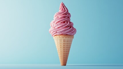 A pink ice cream cone is sitting on a blue background