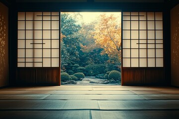 Open Shoji Doors Reveal a Japanese Garden with Autumn Leaves
